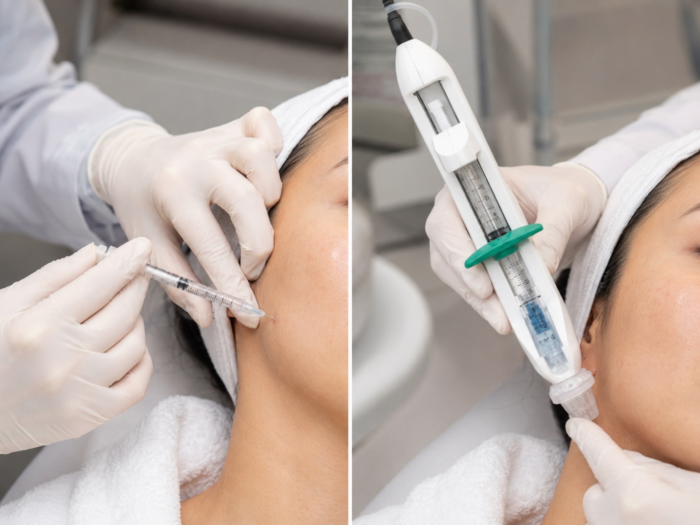 Before and after photo showing smaller pores after microbotox